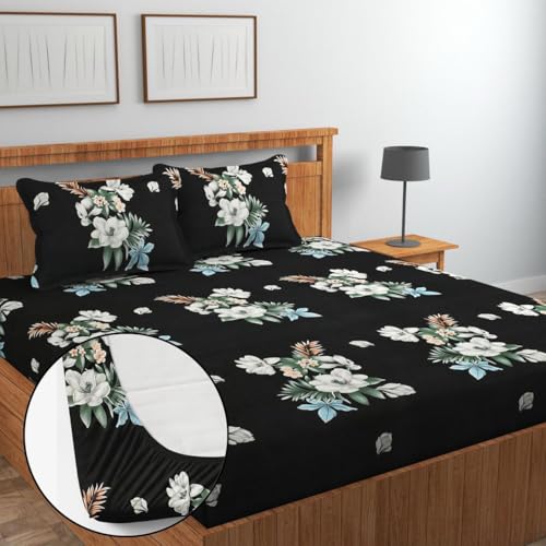 Image of NEW LEAF Premium Cotton Elastic Fitted Bedsheets with 2 King Size Pillow Covers | Double Bed with All Around Elastic 180 TC Supersoft |Size-72 King Sizex78+10 inches | Floral, Dark Grey