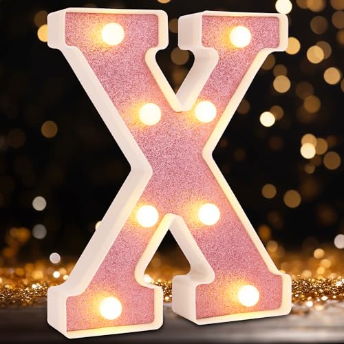 Image of Small Led Marquee Letters, Light Up Letters, 8.58 Inch Led Letter Lights, Battery Powered Lighted Sign for Table, Party, Birthday, Christmas Decor (Pink Glitter, Letter X)