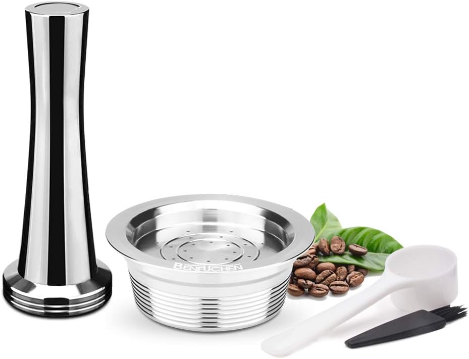 BENFUCHEN Refillable Coffee Capsules Stainless Steel Reusable Coffee Pods Compatible for Lavaza A Modo mio Jolie, Espria, Lavazza Minu Three Models Brewers (capsule+tamper)