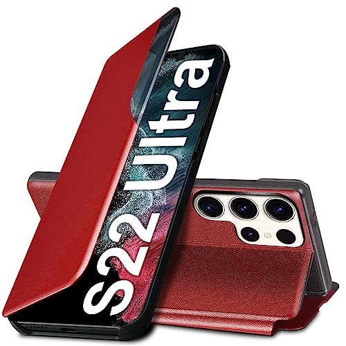 Étui Galaxy S22 Ultra antichoc en cuir rouge avec support vidéo de 6.8 pouces