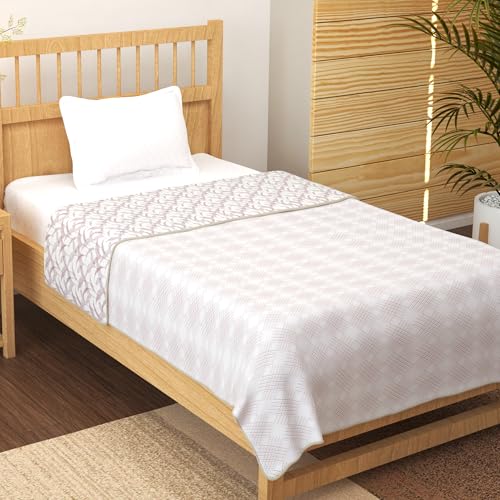 Image of Story@Home AC Quilted Queen Size Bed Cotton 100%| 150GSM 144x220 CM Quilt AC Blanket for Summer | AC Comforter Single Bed | White & Magenta, Dashed line & Leaf Reversible Design| All-Season Blanket