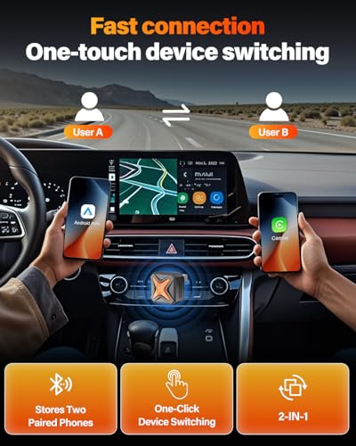 Image of 2026 Upgraded Mini Android Auto & Apple CarPlay Wireless Adapter for iPhone, A7 Chip One-Click Switch, 3s Auto Connect, Bluetooth 6.0, 5.8GHz WiFi, Compatible with iOS 12+, Android 11+.