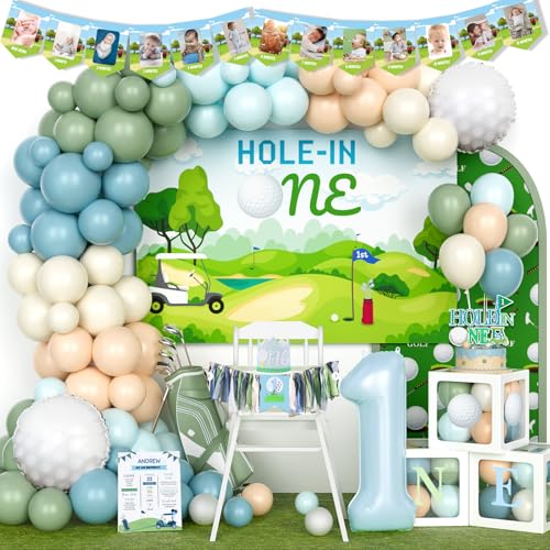 Hombae Hole in One Birthday Party Decorations Golf First Birthday Decorations 1st Birthday Decorations Boys Golf Themed Backdrop Balloon Garland Banner Cake Topper Crown Poster Boxes Cutout