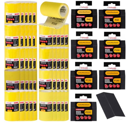 Schmith - Juego de Papeles y Bloques Abrasivos de 52 Piezas - para Lijado Manual o con Herramientas Eléctricas, para Madera, Acero, Hierro Fundido, Corindón Eléctrico