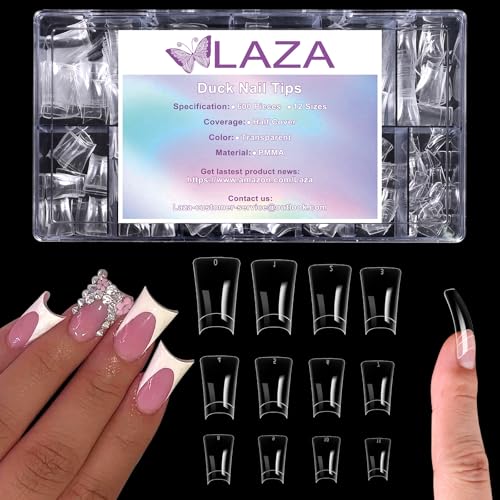 Laza 600pcs Medium Length Duck Nail Tips 12 Sizes Box-packed Clear Duck Nails Half Cover Wide Nail Tips French False Nail Tips for Acrylic Nails Extension Tips 28MM