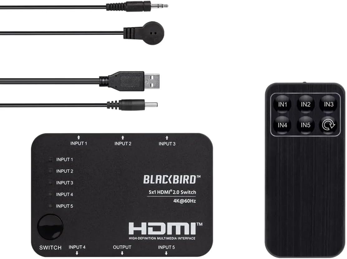 Monoprice 4K 5x1 HDMI 2.0 Switch - 4K@60Hz, Dolby Vision, HDR, HDR10, Hybrid Log-Gamma, 18Gbps, HDCP 2.2, HDMI 2.0, USB Powered, with IR Remote Control - Blackbird Series