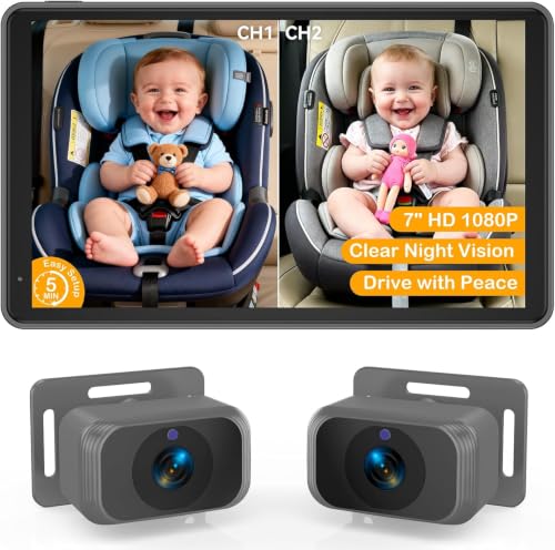 Image of Baby Car Camera for 2 Kids - Dual 1080P HD Cameras with Infrared Night Vision, 7" Split Screen Backseat Monitor for Car SUV Minivan Sedan - Ideal for Twins, Two Children & Infant Toddler Safety