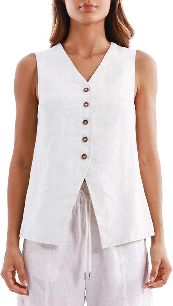 Amazhiyu Gilet da donna in puro lino, top estivo senza maniche con bottoni, scollo a V, in lino