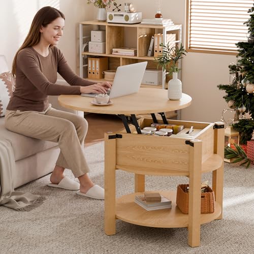 ELUCHANG Table Basse avec Rangement Caché RondeTable Basse Plateau Relevable 2 en 1 pour Salon et Bureau, Forte Charge Portante, 60x60cm, Chêne