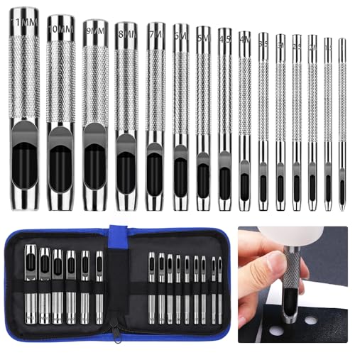 Locheisen set 15 Stück 1 mm -11 mm Stanzwerkzeug Set Leder Lochstanzer Lochzange für Leder Rundstahl Hohlstanzer für Uhrenarmbänder Gürtel Leinwand Kleidung Schuh Stoff