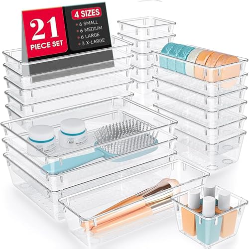 TEX-RO Drawer Organizer Tray/Multi-Purpose Drawers Organisers/Dressing Table Organiser & Make up Organiser/Perfect for Cosmetics, Jewelry, Kitchen and Bathroom (21 pcs, Transparent)