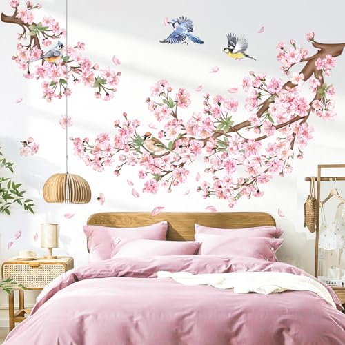 decalmile Wandtattoo Kirschblüte Baum Ast Wandaufkleber Blüten Rosa Zweig Vögel auf Ast Wandsticker Wohnzimmer Schlafzimmer Büros Wanddeko
