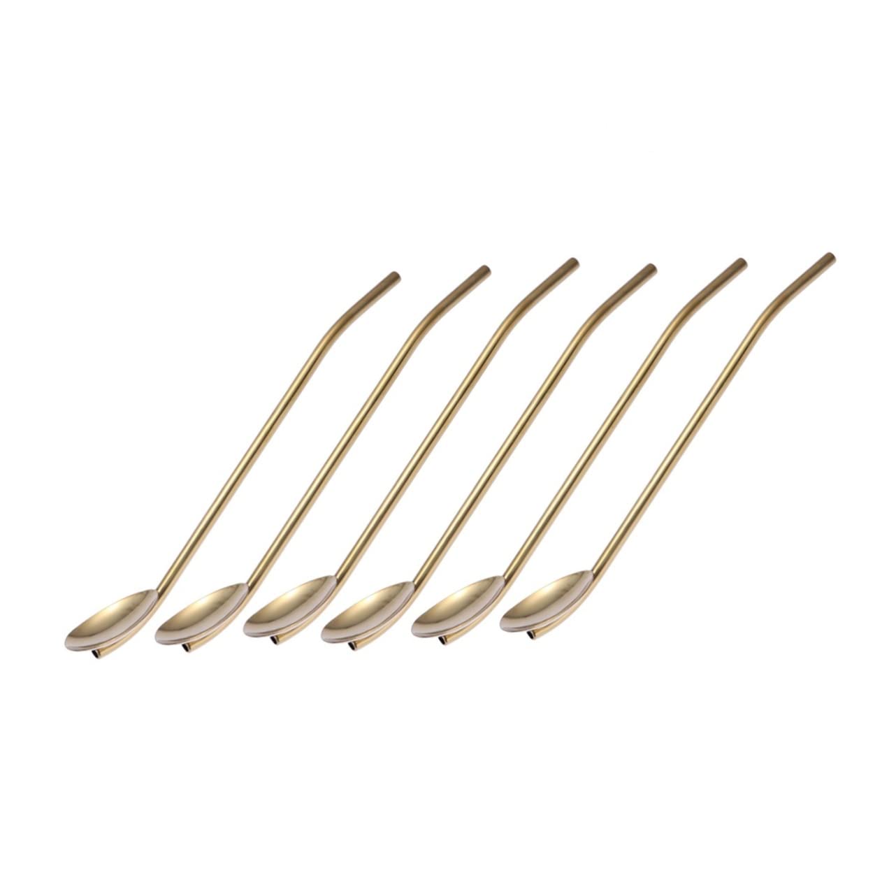 PRETYZOOM 6pcs Pack Stainless Steel Oval Shape Metal Drinking Spoon Straws Cocktails Reusable and Washable Luxury Gold Finish for Beverages and Dinner Parties