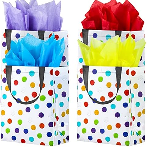 BLEWINDZ 16Pcs Reusable Gift Bags with Tissues - Medium Rainbow Polka Dot Party Favor Bags for Christmas, Birthday, Baby Shower, Grocery Shopping, Wedding (10" x 7.6" x 3.9") Cover