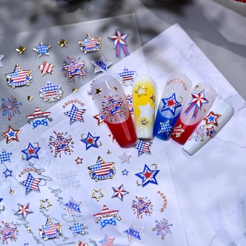 Image of Star Nail Stickers Independence Day Nail Art Stickers Firework Nail Decals for Nails Art 5D Embossed with Red Blue Design Nails Charms Supply for Women 4th of July Manicure Decoration Accessories