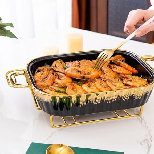 Plato de cerámica 1.8L, Calentador Buffet Elegante con Soporte de Hierro Resistente, Tapa de retención de Calor para Bodas, Banquetes, Fiestas, Eventos de Catering, diseño fácil y Limpio