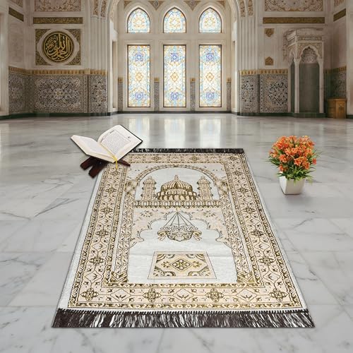 Image of Velvet Floral Janamaz Mat | Prayer Mat /Meditation Janamaz for Namaz /Meditation Mat /Muslim| Size 27x50| Washable Soft Prayer Mat (Off White)