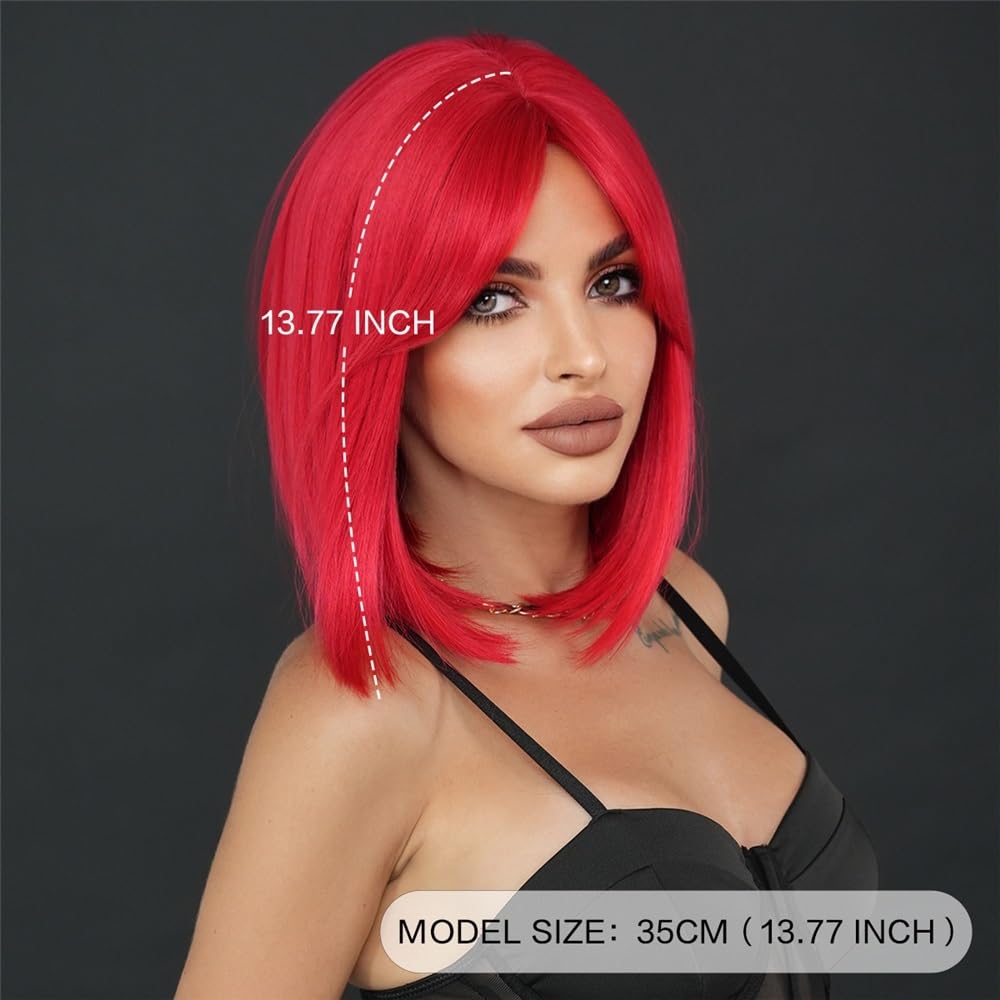 Peruki Easter Red Short Straight Bob Wig with Mid-Split Bangs Peruka z włosów ludzkich