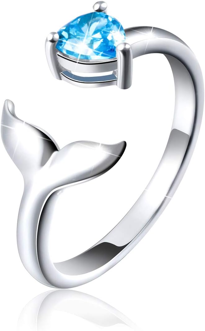 LadytreeS925 Sterling Sliver Dolphin Mermaid Tail Ring Love Heart Blue Cubic Zirconia Open Ring，7#