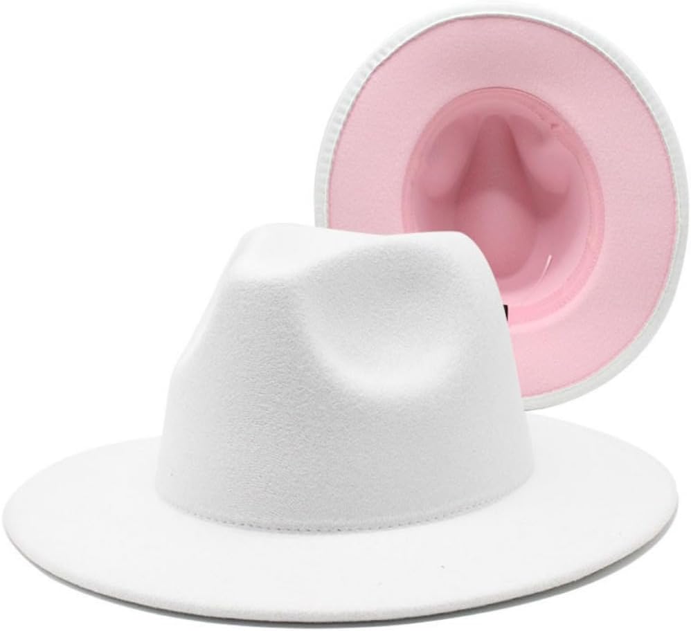 Wide Brim Fedora Hat, White with Pink Interior, Wool Felt Material