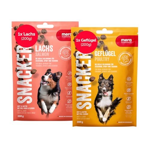 MERA Snacker Geflügel & Lachs (je 1 x 200g), weiche Hundeleckerli getreidefrei | Hunde Leckerlis ideal fürs Training oder als Hundesnack | kalorienarme Leckerli Hund | Soft Dog Treats