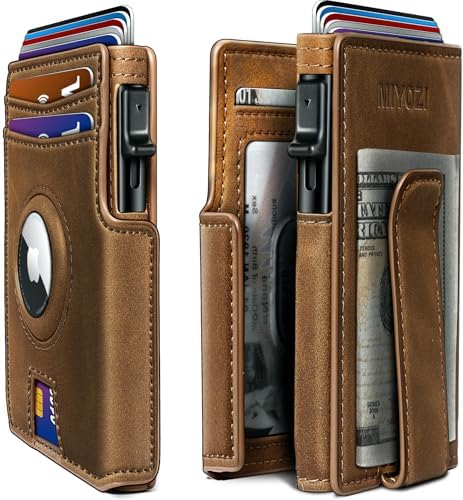 miyozi Airtag Wallet for Men,with Money Clip 10 Cards Metal Case Smart Slim Pop Up Credit Card Holder Flip with Magnetic Closure RFID Blocking wallet with Gift Box