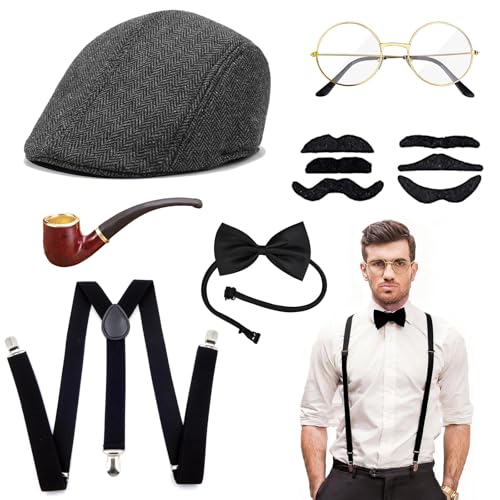 ZHITENG Accessoire Annee 20 Homme, Gatsby Homme, Costume Homme Année 20, Accessoire Annee 20, Gangster Gentleman Panoplie avec Chapeau Panama, Bretelles, Noeud Papillon pour Carnaval