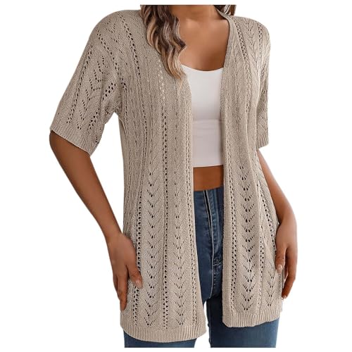 Womens Solid Color Summer Crochet Short Sleeve Knit Cardigan Lightweight Open Front Sun Womens Sweater Leopard