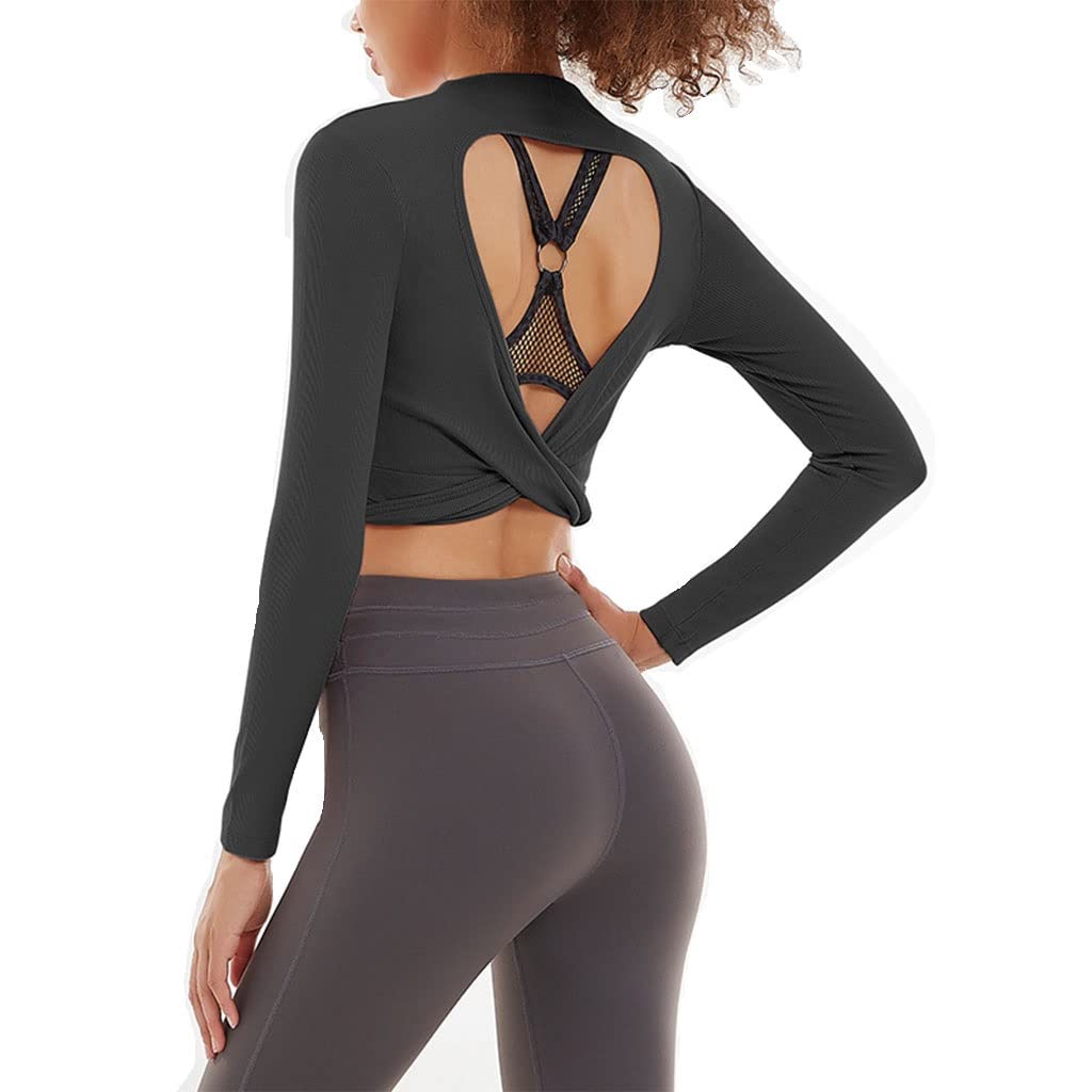 HSQMA Maglia Manica Lunga da Allenamento da Donna, Magliette da Allenamento A Maniche Lunghe Aperte sul Retro, Magliette da Girocollo Yoga Attillato da Atletico Casual da Salotto