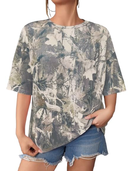 SOLY HUX Women's Camo Print T Shirts Loose Short Sleeve Crew Neck Drop Shoulder Tee Tops Streetwear