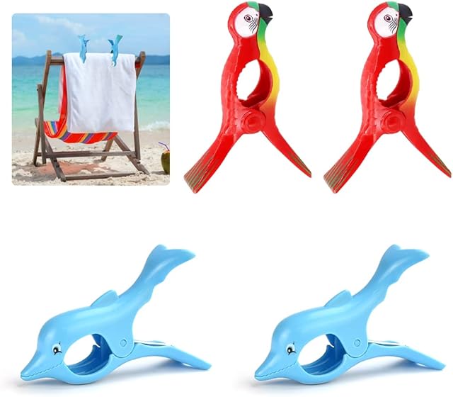 WUHEECOME 4 Pcs Beach Towel Clips Sunbed Towel Clips Portable Towel Holders Clips Large Laundry Clothes Pegs Quilt Blanket Holders for Sunbeds, Sun Loungers, Pool Chairs, Laundry (Dolphin + Parrot)