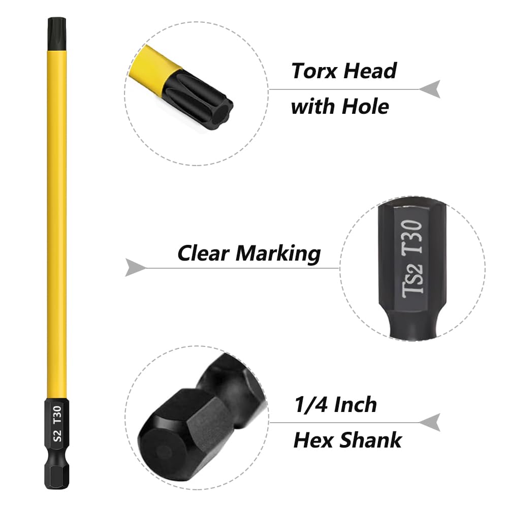 Saipor 12PCS T7-T40 Torx Screwdriver Bit Set 6 Inch / 150mm Long Star Screw Driver Drill Bits S2 Steel Magnetic Torx Head 1/4 Inch Hex Shank Security Tamper Proof Star 6 Point Impact Driver Bit - Image 3