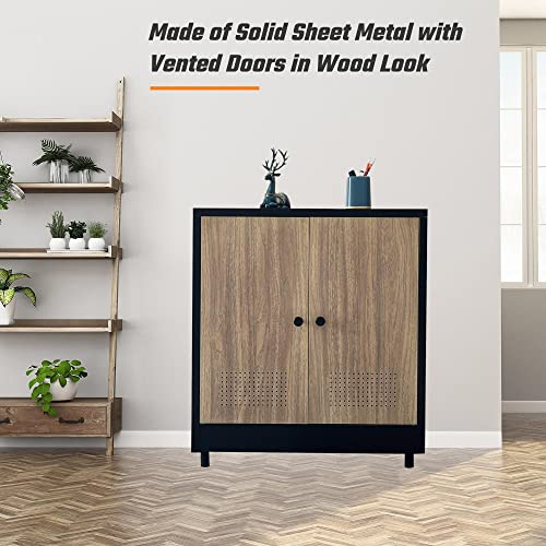 Jinkur Metal Storage Cabinet With 2 Doors And Adjustable Shelf, Steel Accent Sideboard Buffet Cabinet For Home, Office, Entryway, Hallway, Living Room, Kitchen And Dining Room (Black/Walnut) #TOP3