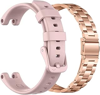 EANWireless Compatible for Garmin Lily Band, Silicone Sport Strap + Metal Classic Stainless Steel Replacement Slim Accessory Fit for Garmin Lily Smartwatch Women Dressy, Rose Gold+Pink
