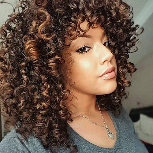 Nnzes Short Curly Wig for black Women 2 Tone Brown Synthetic Wigs Short Curly Afro Wig with Bangs Shoulder Length Heat Resist Hair Natural Looking