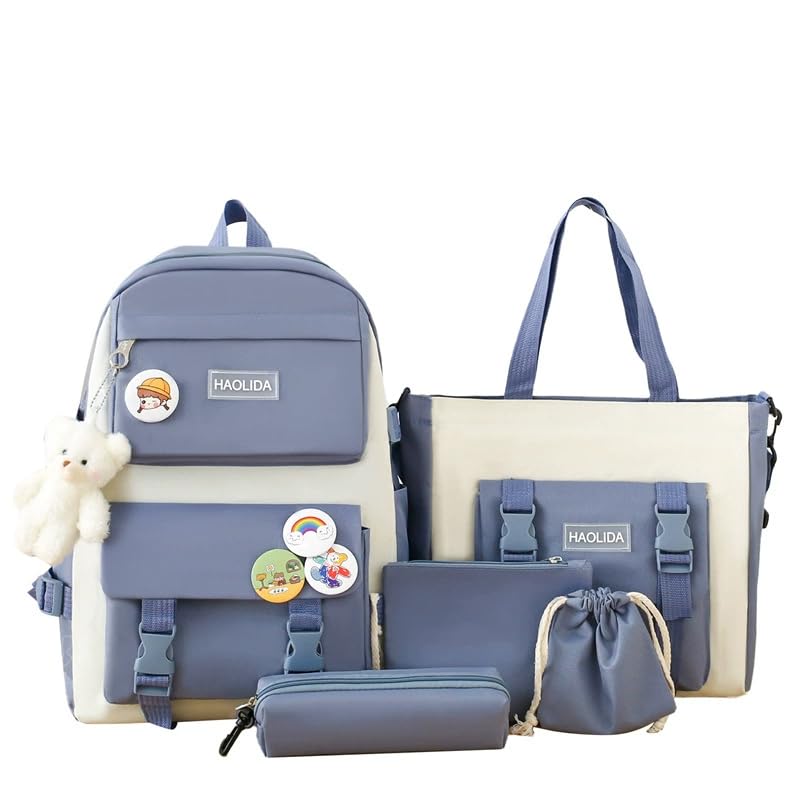 CHENXIAOHONG Kit Mochila Infantil com 5 Peças – Mochila Escolar para Menino ou Menina, Bolsa Térmica, Estojo e Lancheira, Ideal para Volta às Aulas (Azul)