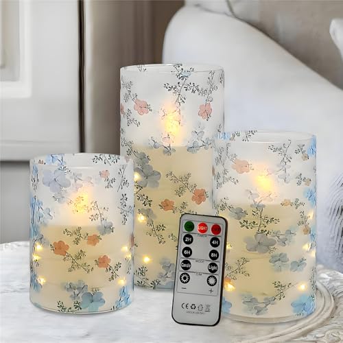 Image of Printed Flameless Candles with String Lights - Set of 3 Battery Operated Candle Flickering Floral LED Pillar Candles with Timer Remote for Home Decor Romantic Ambiance,LT