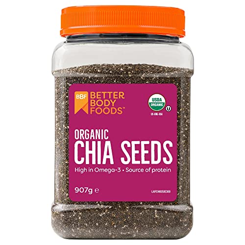 BetterBody Foods Organic Chia Seeds - Source of Omega-3, 5g Protein, 10g Fibre - Vegan, Keto, Gluten Free and Non-GMO Flavour Neutral Favourite - 907g