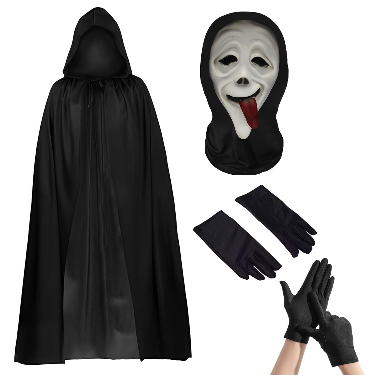 ZappelStift Halloween Ghostface Costume with Cape - Scream Mask Black Gloves, Ghost Face & Skull Face Masks for Adults Kids - Call of Duty Cosplay, Party Scary Mask