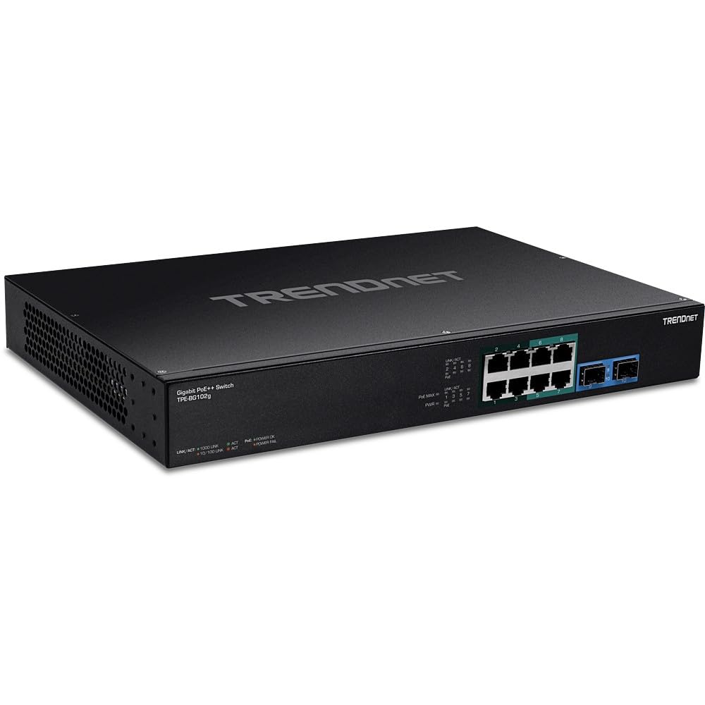 TRENDnet TPE-BG102g, 10-Port Gigabit 240W PoE++ Switch with 4 x 95W PoE++ Ports, 4 x 30W PoE+ Ports, 2 Gigabit SFP Slots,240W PoE Budget, 1U 19” Rack Mountable,Lifetime Protection