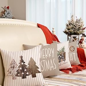 GEEORY Christmas Pillow Covers 18 x 18 Inch Set of 4, Striped Wooden Tree Snow Sleigh Merry Bright Xmas Holiday Decor Decorative Throw Cushion Case Decoration for Home Party Sofa Couch (Brown) GEEORY Christmas Pillow Covers 18 x 18 Inch Set of 4 Striped Wooden Tree Snow Sleigh Merry Bright Xmas Holiday Decor Decorative Throw Cushion Case Decoration for Home Party Sofa Couch Brown