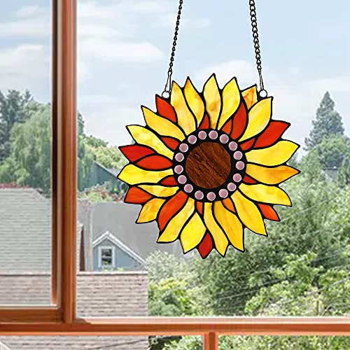 Capulina Sunflower Stained Glass Window Hangings Suncatcher for Window,Handmade Tiffany Glass Crafts for Family and Friends