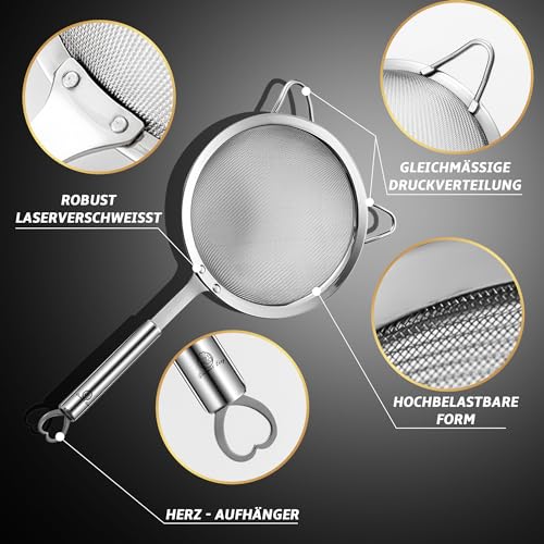 Foto von Gourmet Easy Sieb-Set aus Edelstahl – 1 großes Nudelsieb, 1 kleines, extrafeines Sieb, 1 Silikon-Dosensieb – Reissieb, Mehlsieb zum Backen – Siebe für die Küche mit stabilem Griff, Edelstahl