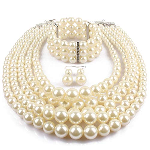 Fodattm Women Lady Multi Layer Imitation Pearl Strand Cluster with Necklace Bracelet and Earrings Set Elegant Costume Jewelry Sets (Beige) Fodattm Women Lady Multi Layer Imitation Pearl Strand Cluster with Necklace Bracelet and Earrings Set Elegant Costume Jewelry Sets (Beige)