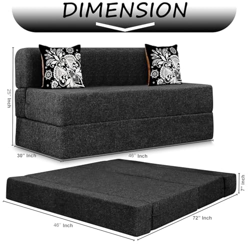 Image of Rosebell Two Seater Sofa Cum Bed | Jute Fabric Washable Cover | with Cushions Perfect for Guest | Black-Color | 4' X 6' Feet