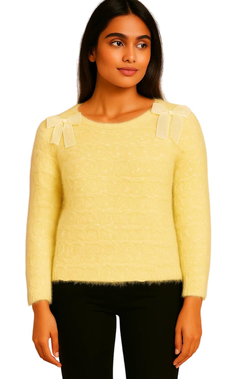 CRAMPLE® Fuzzy Knit Sweater with Bow Accents, Long Sleeve Pullover for Women-picture-45