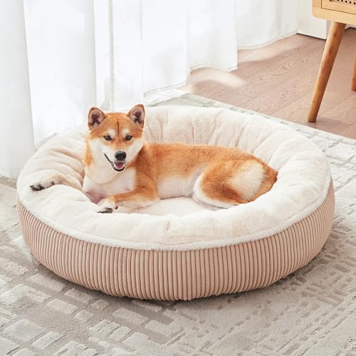 Image of 33 inches Donut Dog Bed for Medium Large Dogs,Calming Round Pet Bed with Removable & Washable Cover,Plush Faux Fur & Corduroy, Fits up to 50 lbs Pets(Brown,M Plus)