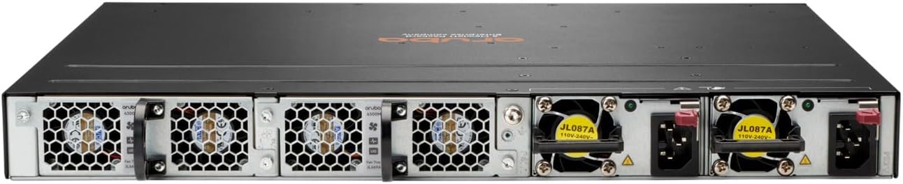 പിൻഭാഗം view of the HPE Aruba 6300M switch, showing multiple modular power supply bays and fan modules with power inlets.