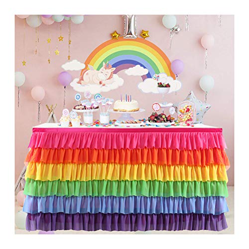 Rainbow Tutu Table Skirt 6ft 9ft 14ft Mermaid Party Baby Chiffon Table Cloth for Rectangle Round Table (Bright Rainbow, L9ft × H30in)