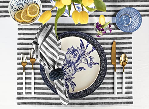 Image of Solino Home 100% Linen Napkins, 20 x 20 in, Black, Amalfi Stripe, Set of 4 | elevate everyday dining and special gatherings, woven stripe, European flax fibres, machine washable, OEKO-TEX Certified